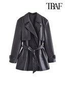 TRAF Γυναικεία Μόδα με Ζώνη από ψεύτικο δέρμα καμπαρντίνα Vintage μακρυμάνικο μπροστινές τσέπες Γυναικεία πανωφόρια κομψά μπλουζάκια