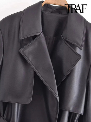 TRAF Дамска мода с колан Тренчкот от изкуствена кожа Винтидж с дълги ръкави, предни джобове Дамско връхно облекло Шикозни топове