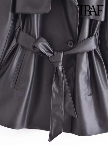 TRAF Дамска мода с колан Тренчкот от изкуствена кожа Винтидж с дълги ръкави, предни джобове Дамско връхно облекло Шикозни топове