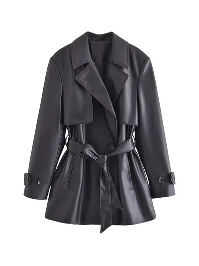 TRAF Γυναικεία Μόδα με Ζώνη από ψεύτικο δέρμα καμπαρντίνα Vintage μακρυμάνικο μπροστινές τσέπες Γυναικεία πανωφόρια κομψά μπλουζάκια