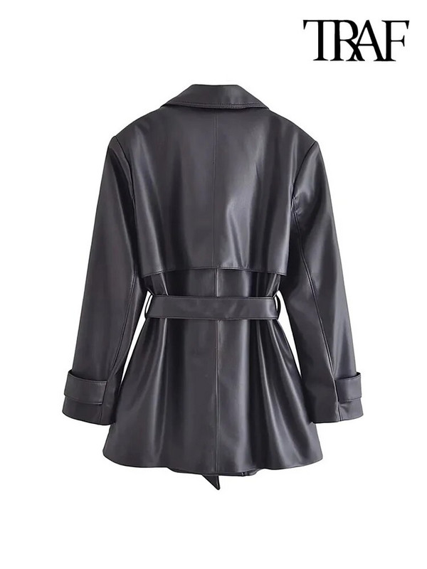 TRAF Γυναικεία Μόδα με Ζώνη από ψεύτικο δέρμα καμπαρντίνα Vintage μακρυμάνικο μπροστινές τσέπες Γυναικεία πανωφόρια κομψά μπλουζάκια