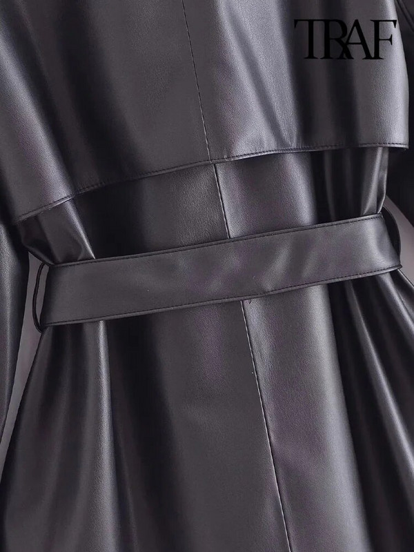 TRAF Γυναικεία Μόδα με Ζώνη από ψεύτικο δέρμα καμπαρντίνα Vintage μακρυμάνικο μπροστινές τσέπες Γυναικεία πανωφόρια κομψά μπλουζάκια