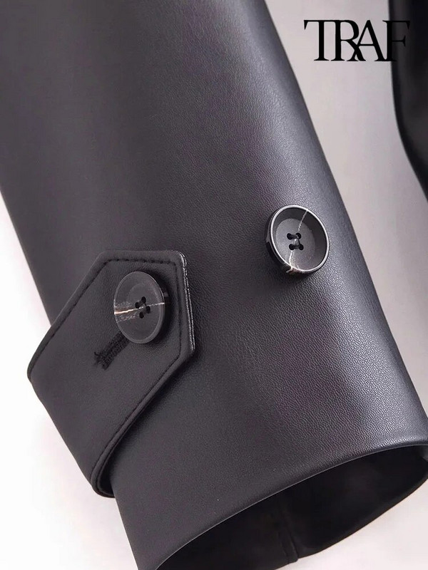 TRAF Γυναικεία Μόδα με Ζώνη από ψεύτικο δέρμα καμπαρντίνα Vintage μακρυμάνικο μπροστινές τσέπες Γυναικεία πανωφόρια κομψά μπλουζάκια