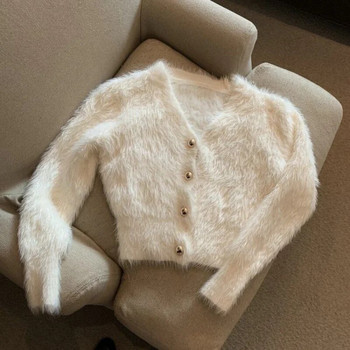 V-образно деколте, бяла плетена жилетка от мохер, ретро ежедневна мързелива огромна пуловери Sueters за жени, едноцветно кожено яке