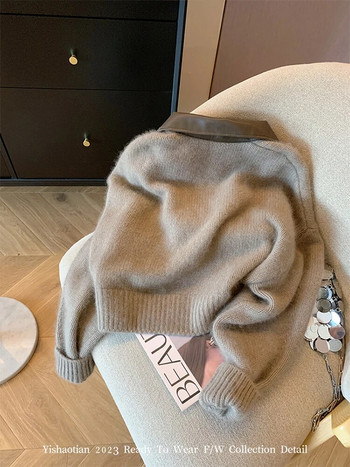 Френски ретро плетен пуловер Дамски класически огромен пуловер Жилетка с дълги ръкави с отложна яка Корейско Y2K Streetwear