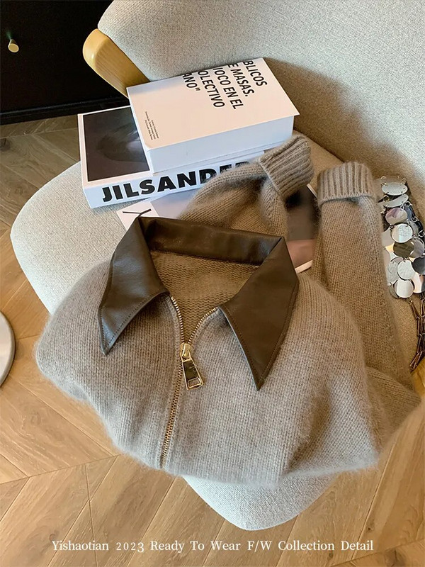 Prantsuse vintage kootud pullover naiste klassikaline ülisuur kampsun, allakäiva kraega pikkade varrukatega kardigan Korea Y2K tänavarõivad