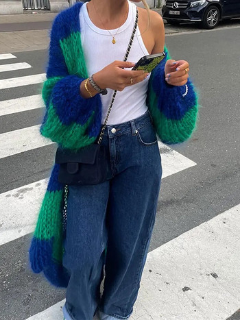 Μόδα ρίγα μακριά ζακέτα Γυναικεία πουλόβερ με φαναράκια μακριά μανίκια φαρδιά πλεκτά πανωφόρια 2023 Autumn Lady Chic Streetwear