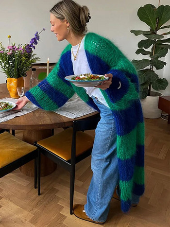 Моден пуловер с дълга жилетка с райе Дамски фенери с дълъг ръкав Свободни големи плетени палта 2023 Есен Lady Chic Streetwear