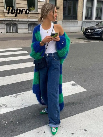 Моден пуловер с дълга жилетка с райе Дамски фенери с дълъг ръкав Свободни големи плетени палта 2023 Есен Lady Chic Streetwear