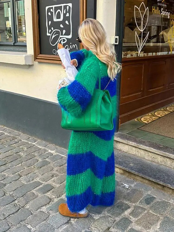 Μόδα ρίγα μακριά ζακέτα Γυναικεία πουλόβερ με φαναράκια μακριά μανίκια φαρδιά πλεκτά πανωφόρια 2023 Autumn Lady Chic Streetwear