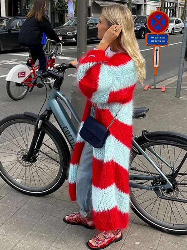 Μόδα ρίγα μακριά ζακέτα Γυναικεία πουλόβερ με φαναράκια μακριά μανίκια φαρδιά πλεκτά πανωφόρια 2023 Autumn Lady Chic Streetwear