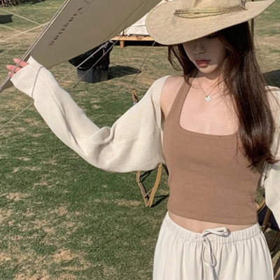 Πλεκτές ζακέτες Γυναικεία αντηλιακή κρέμα Hotsweet Κομψή καλοκαιρινή μόδα μακρυμάνικο μονόχρωμο φαρδύ σέξυ θηλυκό Ulzzang Casual