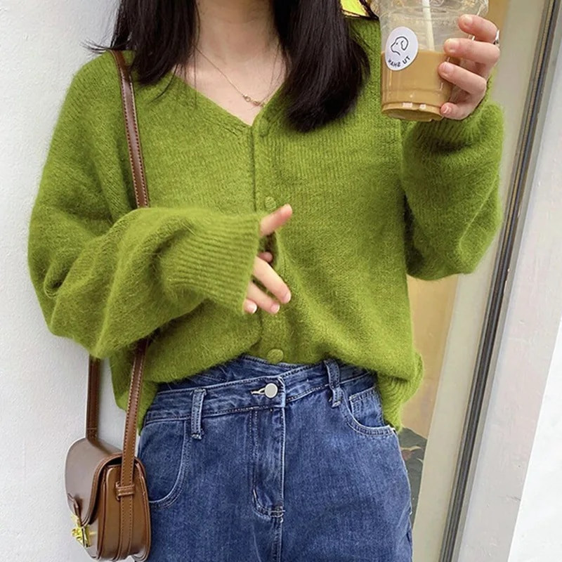 Sügismood V-kaelusega kootud kardigan naiste roheline pikkade varrukatega üherealised kampsunid vabaaja kudumid Mujer