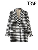 TRAF Sieviešu modes Houndstooth Tvīda žakete Vintage mētelis ar garām piedurknēm ar atloku kabatas Sieviešu virsdrēbes Chic Veste Femme