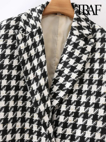 TRAF Γυναικεία Μόδα Houndstooth Παλτό Tweed Blazer Vintage μακρυμάνικο τσέπες με πτερύγιο Γυναικεία πανωφόρια Chic Veste Femme
