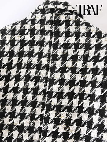 TRAF Γυναικεία Μόδα Houndstooth Παλτό Tweed Blazer Vintage μακρυμάνικο τσέπες με πτερύγιο Γυναικεία πανωφόρια Chic Veste Femme