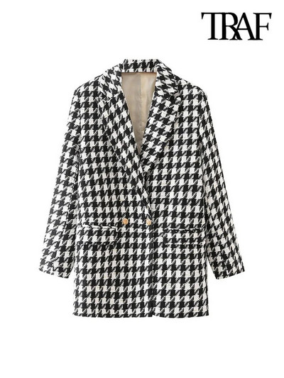 TRAF Γυναικεία Μόδα Houndstooth Παλτό Tweed Blazer Vintage μακρυμάνικο τσέπες με πτερύγιο Γυναικεία πανωφόρια Chic Veste Femme