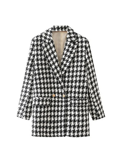 TRAF Sieviešu modes Houndstooth Tvīda žakete Vintage mētelis ar garām piedurknēm ar atloku kabatas Sieviešu virsdrēbes Chic Veste Femme
