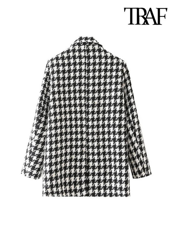 TRAF Sieviešu modes Houndstooth Tvīda žakete Vintage mētelis ar garām piedurknēm ar atloku kabatas Sieviešu virsdrēbes Chic Veste Femme