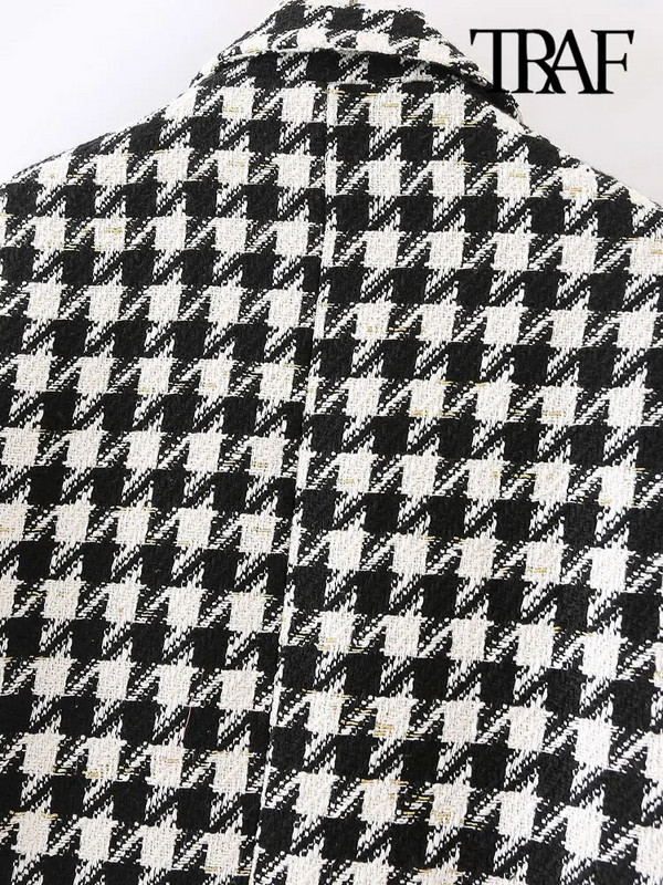 TRAF Sieviešu modes Houndstooth Tvīda žakete Vintage mētelis ar garām piedurknēm ar atloku kabatas Sieviešu virsdrēbes Chic Veste Femme