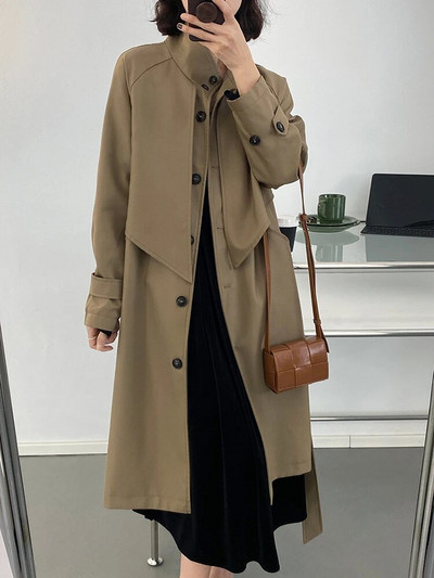 [EAM] Naiste khaki ebaregulaarne, suure suurusega kraav, uus krae, pikkade varrukatega tuulepluus Moodne mõõn, kevad sügis 2023 1DH0483