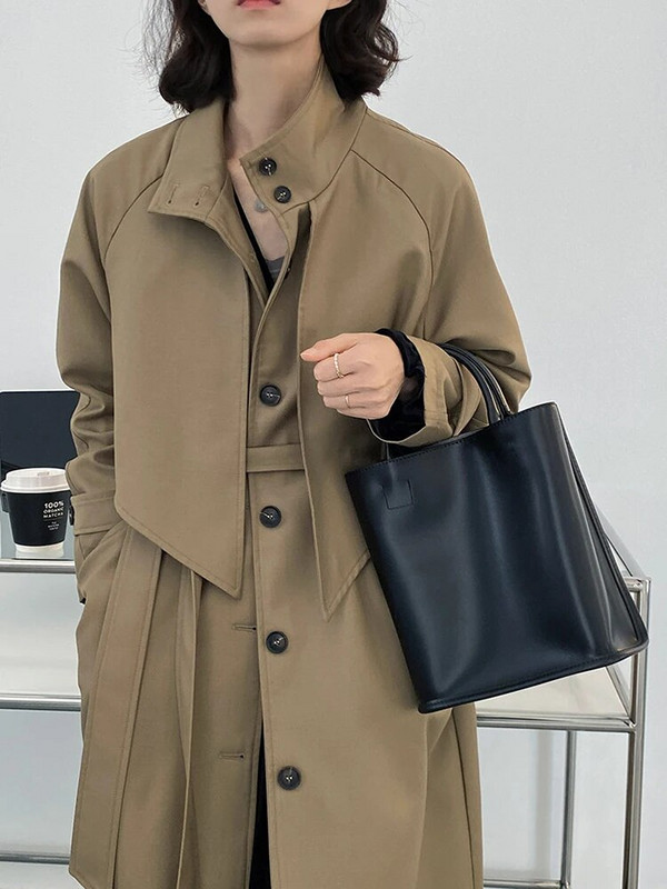 [EAM] Naiste khaki ebaregulaarne, suure suurusega kraav, uus krae, pikkade varrukatega tuulepluus Moodne mõõn, kevad sügis 2023 1DH0483