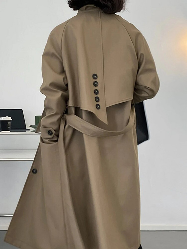 [EAM] Naiste khaki ebaregulaarne, suure suurusega kraav, uus krae, pikkade varrukatega tuulepluus Moodne mõõn, kevad sügis 2023 1DH0483