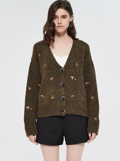 XNWMNZ γυναικεία vintage πλεκτή ζακέτα με κέντημα Μακριά μανίκια με ραβδώσεις με λαιμόκοψη σε σχήμα V Ζακέτα Γυναικεία Κομψό πουλόβερ Εξωτερικά ρούχα