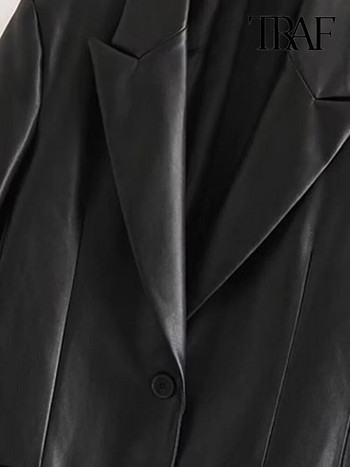 TRAF Γυναικεία μόδα ψεύτικο δέρμα Φαρδύ παλτό σακάκι Vintage μακρυμάνικο τσέπες με πτερύγια γυναικεία εξωτερικά ρούχα Chic γιλέκο Femme