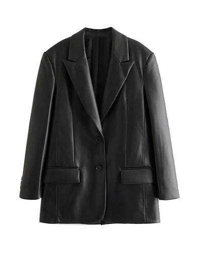 TRAF Naiste Mood Kunstnahast lahtine bleisermantel Vintage pikkade varrukatega klapitaskud Naiste pealisrõivad Chic Veste Femme