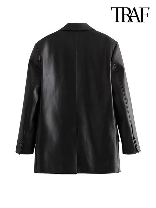 TRAF Naiste Mood Kunstnahast lahtine bleisermantel Vintage pikkade varrukatega klapitaskud Naiste pealisrõivad Chic Veste Femme