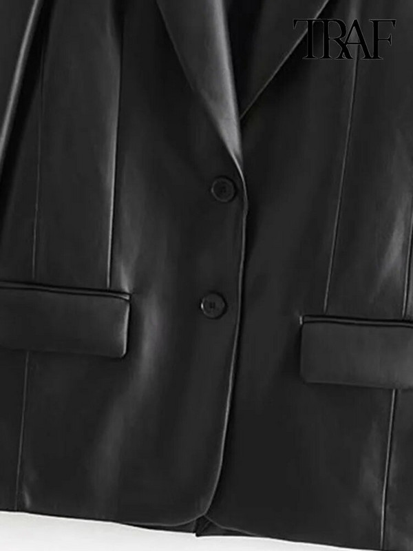 TRAF Naiste Mood Kunstnahast lahtine bleisermantel Vintage pikkade varrukatega klapitaskud Naiste pealisrõivad Chic Veste Femme