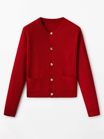Χριστουγεννιάτικη κόκκινη πλεκτή γυναικεία ζακέτα 2023 Φθινοπωρινό κομψό μακρυμάνικο πουλόβερ με μονό στήθος Γυναικείο παλτό τσέπης