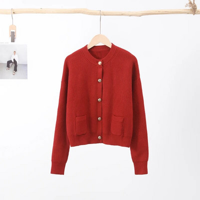 Χριστουγεννιάτικη κόκκινη πλεκτή γυναικεία ζακέτα 2023 Φθινοπωρινό κομψό μακρυμάνικο πουλόβερ με μονό στήθος Γυναικείο παλτό τσέπης
