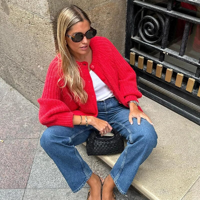 Χριστουγεννιάτικη κόκκινη πλεκτή γυναικεία ζακέτα 2023 Φθινοπωρινό κομψό μακρυμάνικο πουλόβερ με μονό στήθος Γυναικείο παλτό τσέπης