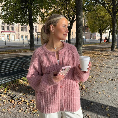 Χριστουγεννιάτικη κόκκινη πλεκτή γυναικεία ζακέτα 2023 Φθινοπωρινό κομψό μακρυμάνικο πουλόβερ με μονό στήθος Γυναικείο παλτό τσέπης