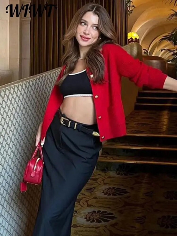 Χριστουγεννιάτικη κόκκινη πλεκτή γυναικεία ζακέτα 2023 Φθινοπωρινό κομψό μακρυμάνικο πουλόβερ με μονό στήθος Γυναικείο παλτό τσέπης