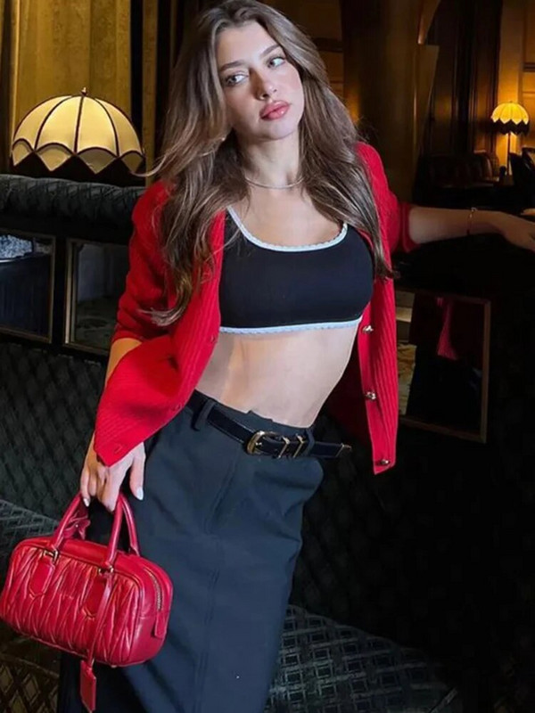 Χριστουγεννιάτικη κόκκινη πλεκτή γυναικεία ζακέτα 2023 Φθινοπωρινό κομψό μακρυμάνικο πουλόβερ με μονό στήθος Γυναικείο παλτό τσέπης