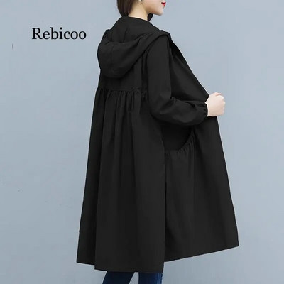 Kevadsuvi uus kapuutsiga sirge mantel naiste pikk vabas suuruses jokermantel, lukuga naiste treppmantel