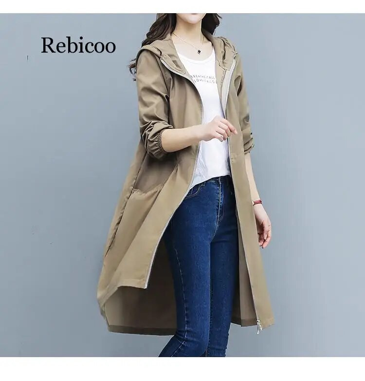 Kevadsuvi uus kapuutsiga sirge mantel naiste pikk vabas suuruses jokermantel, lukuga naiste treppmantel