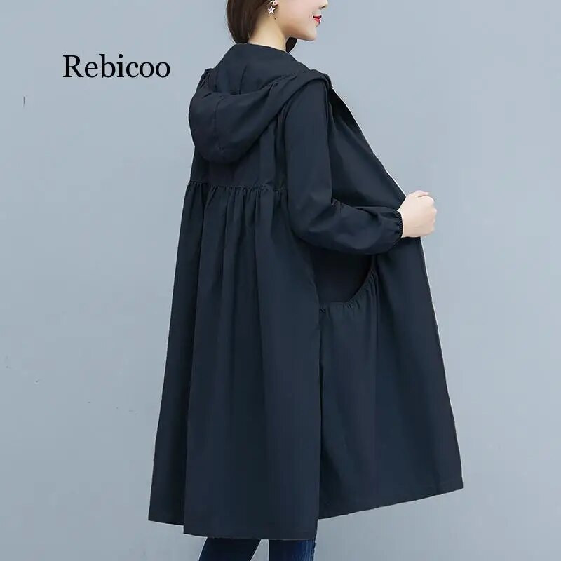 Kevadsuvi uus kapuutsiga sirge mantel naiste pikk vabas suuruses jokermantel, lukuga naiste treppmantel