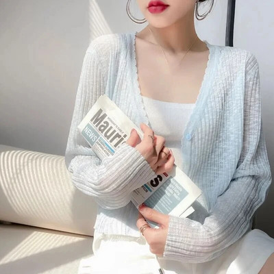 WTEMPO ledo šilko megzti kardiganai nuo saulės, moteriški nauji vasariniai ploni Shawla Button Smock kieti trumpi marškiniai su oro kondicionieriumi Paltai