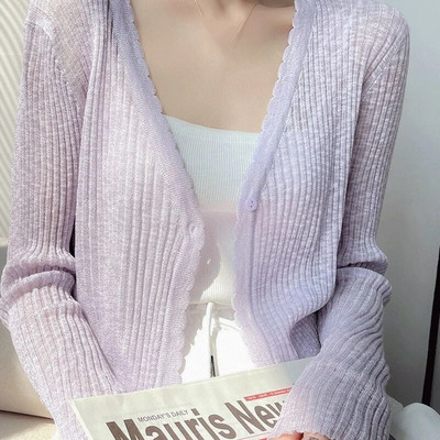 WTEMPO ledo šilko megzti kardiganai nuo saulės, moteriški nauji vasariniai ploni Shawla Button Smock kieti trumpi marškiniai su oro kondicionieriumi Paltai