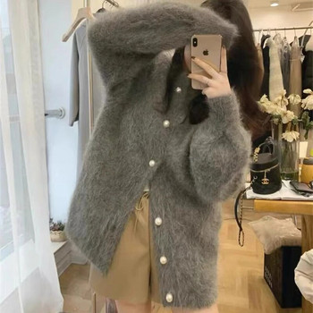 2023 Φθινόπωρο Νέα Κορέα Fluffy Mink Κασμίρ πουλόβερ μασίφ Ζακέτες Γυναικείες μαργαριταρένιες κουμπιά Loose O Neck Midi Μόδα Lazy Chic Παλτό