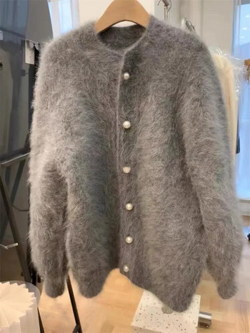 2023 Φθινόπωρο Νέα Κορέα Fluffy Mink Κασμίρ πουλόβερ μασίφ Ζακέτες Γυναικείες μαργαριταρένιες κουμπιά Loose O Neck Midi Μόδα Lazy Chic Παλτό