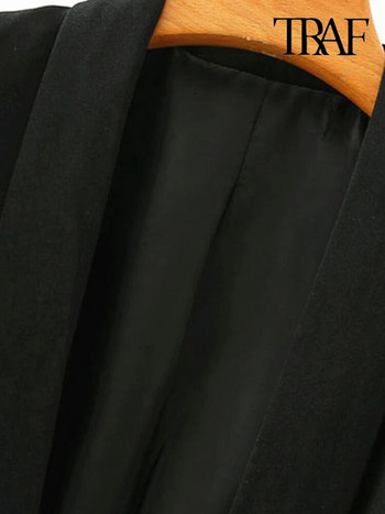 TRAF Γυναικεία ρούχα γραφείου Βασικό μαύρο σακάκι παλτό Vintage πλισέ μανίκια τσέπες Γυναικεία πανωφόρια κομψά μπλουζάκια
