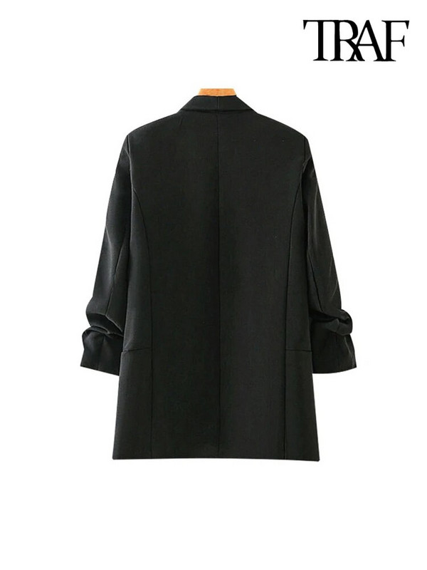 TRAF Ženska modna uredska odjeća Osnovni crni blejzer kaput Vintage plisirani džepovi na rukavima Ženska gornja odjeća Chic Topovi