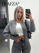 Γυναικείο πλεκτό μπουφάν με φερμουάρ TRAFZA 2023 Y2K Φθινοπωρινό, χαλαρό, στρογγυλό λαιμό, Γυναικείο πουλόβερ Κοντό παλτό χοντρό