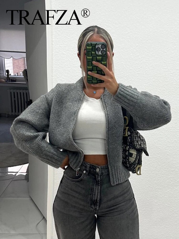 Γυναικείο πλεκτό μπουφάν με φερμουάρ TRAFZA 2023 Y2K Φθινοπωρινό, χαλαρό, στρογγυλό λαιμό, Γυναικείο πουλόβερ Κοντό παλτό χοντρό