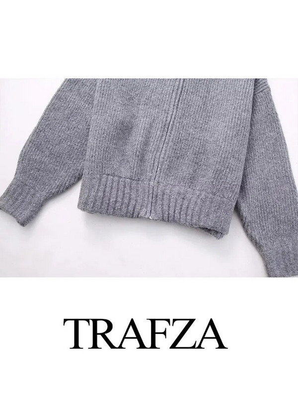 Γυναικείο πλεκτό μπουφάν με φερμουάρ TRAFZA 2023 Y2K Φθινοπωρινό, χαλαρό, στρογγυλό λαιμό, Γυναικείο πουλόβερ Κοντό παλτό χοντρό